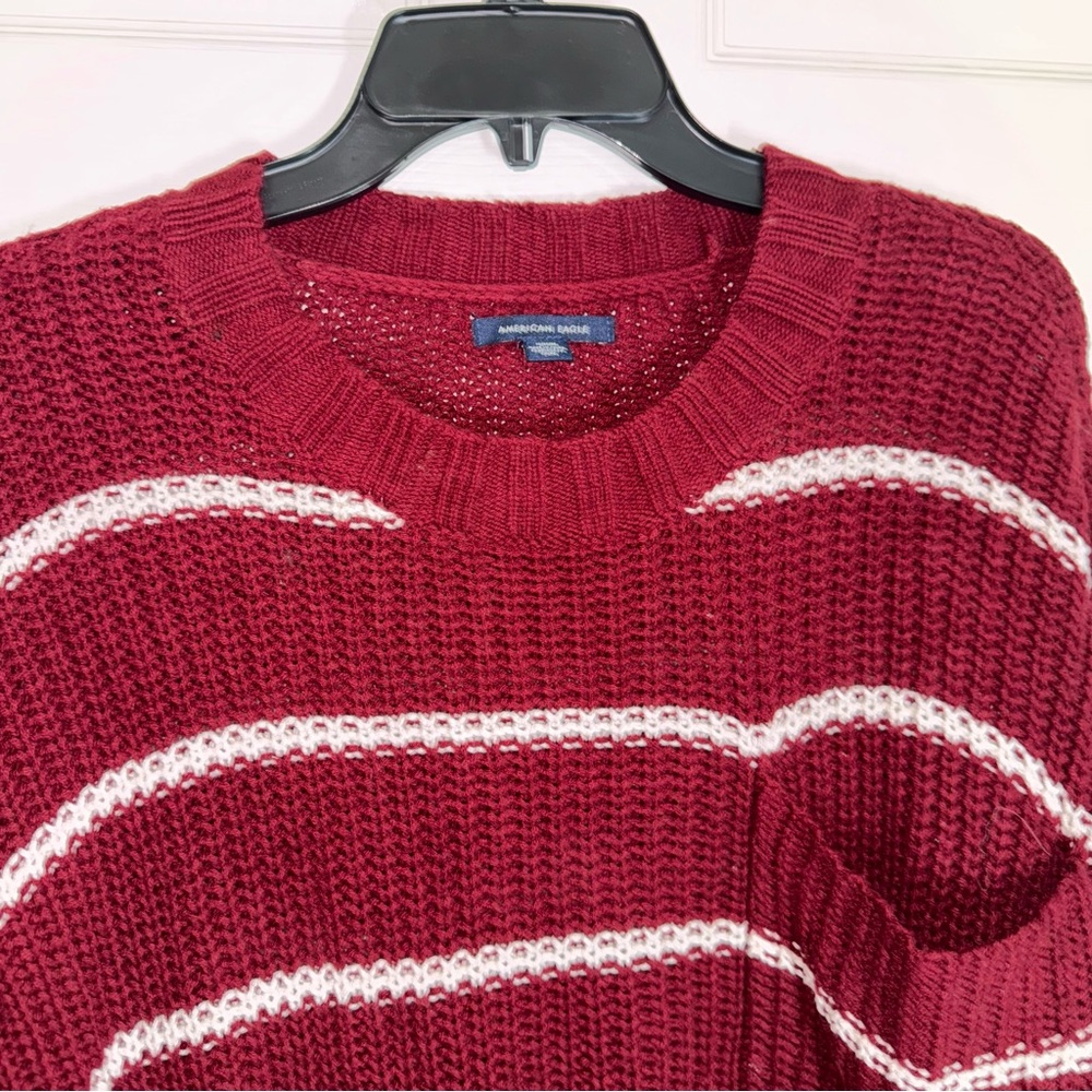 M157 American Eagle Outfitters Dark Red Burgundy Knit Sweater with White Stripes - Picture 5 of 13